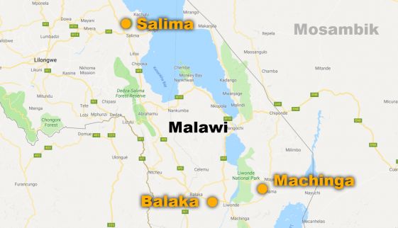 Evangelisation in drei Städten: Salima, Balaka, Machinga (Karte: google)